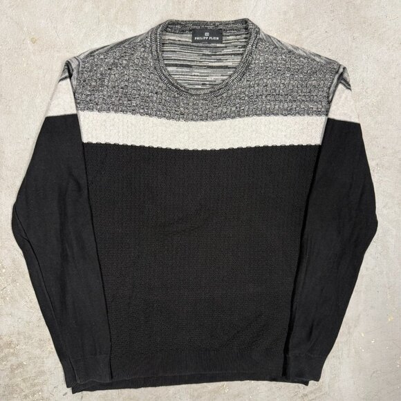 Philipp Plein Knit Sweater Textured Black/Grey Cotton Stretch Large - Picture 2 of 8